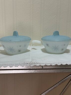 Vintage Milk Glass Sugar and Creamer Set with Blue Starburst Lids